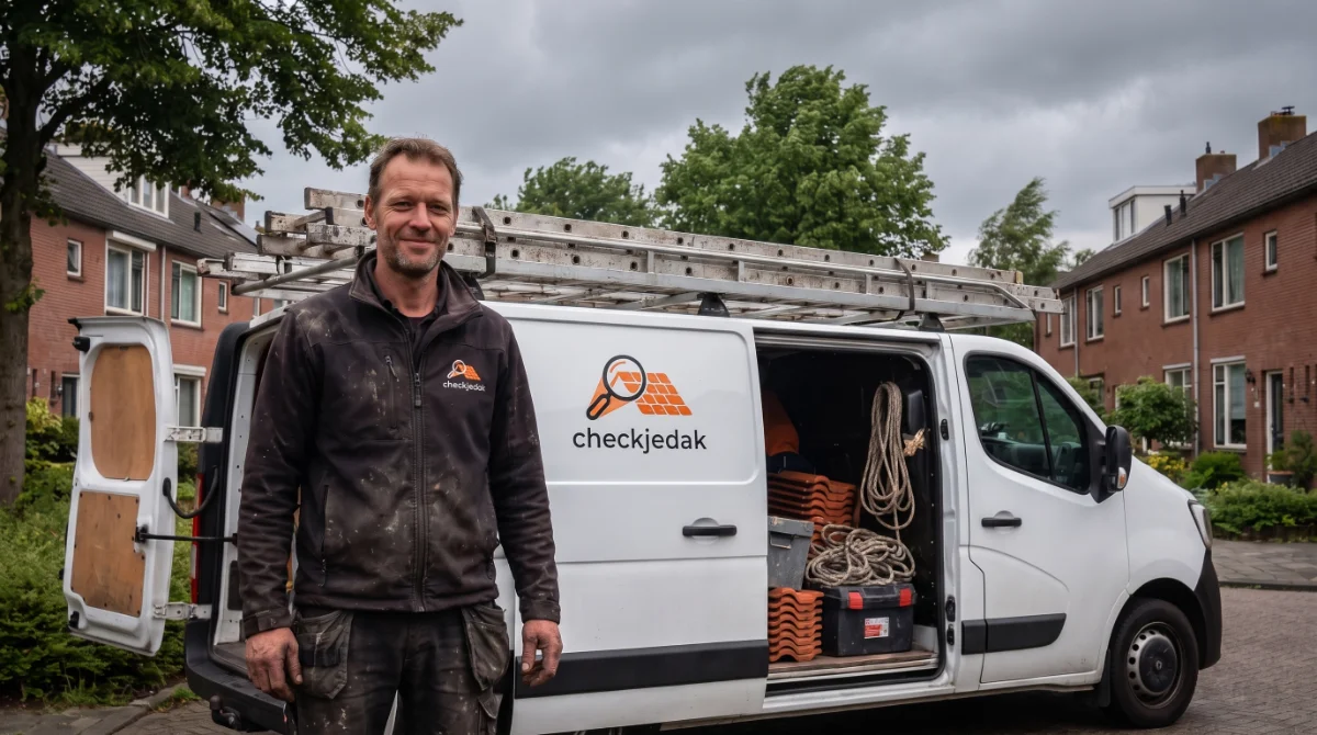 Foto: dakdekker netjes aan het werk